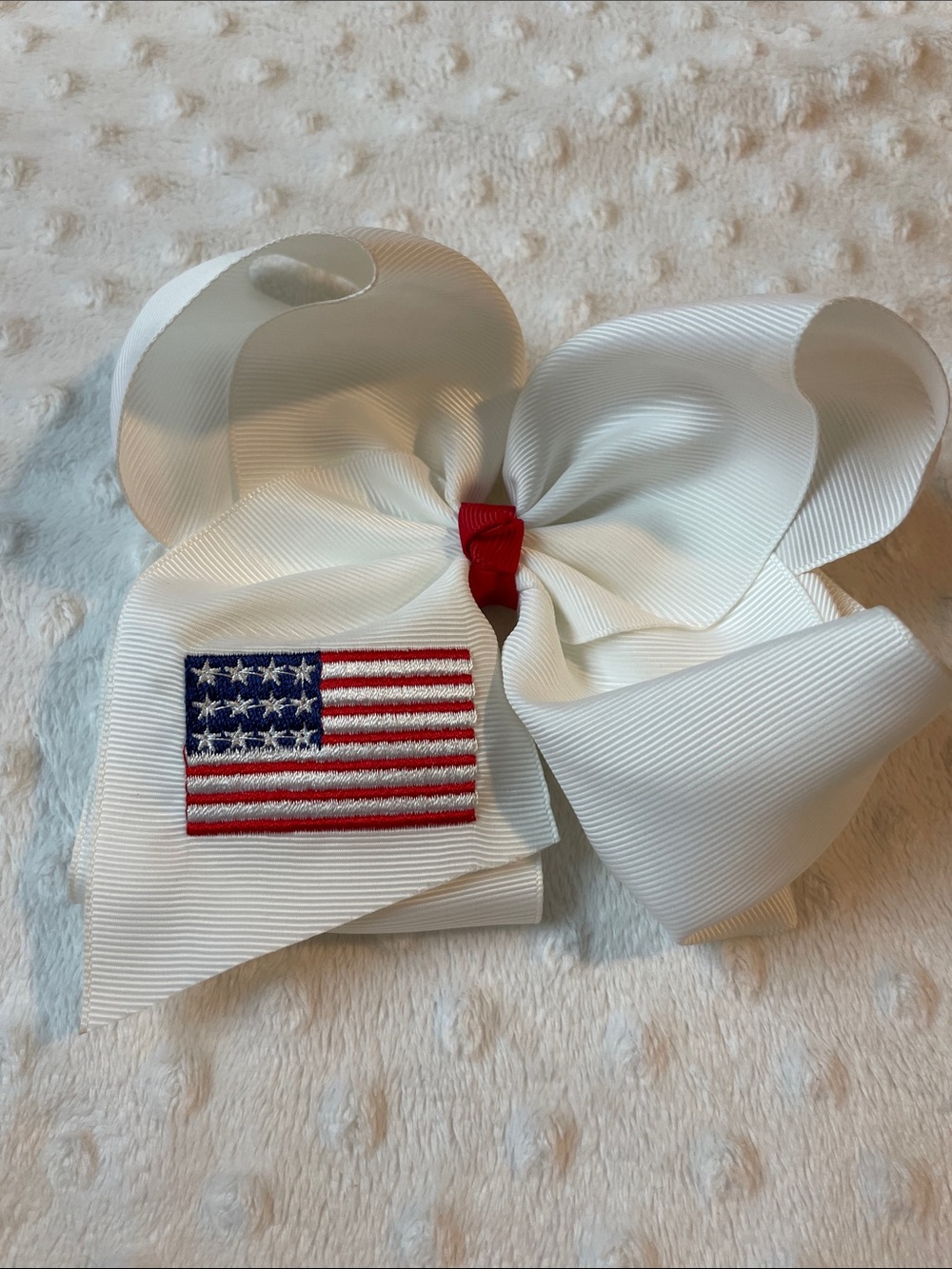White Kids Hair Bow with American Flag Patch